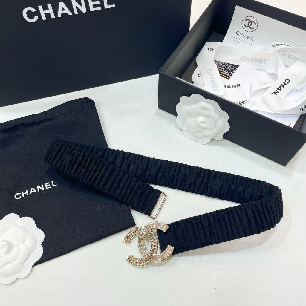 CHANEL DOUBLE  30MM STRETCH BELT IN BLACK SUEDUE WITH GOLD CHAIN BUCKLE CRYSTAL DETAIL
