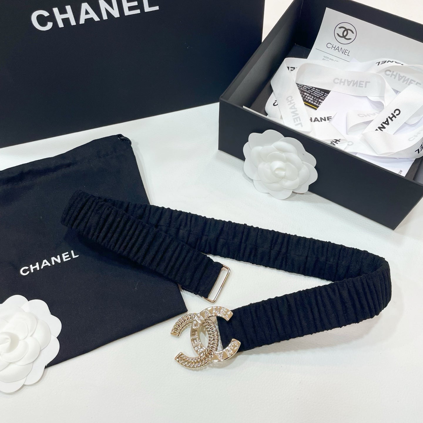 CHANEL DOUBLE  30MM STRETCH BELT IN BLACK SUEDUE WITH GOLD CHAIN BUCKLE CRYSTAL DETAIL