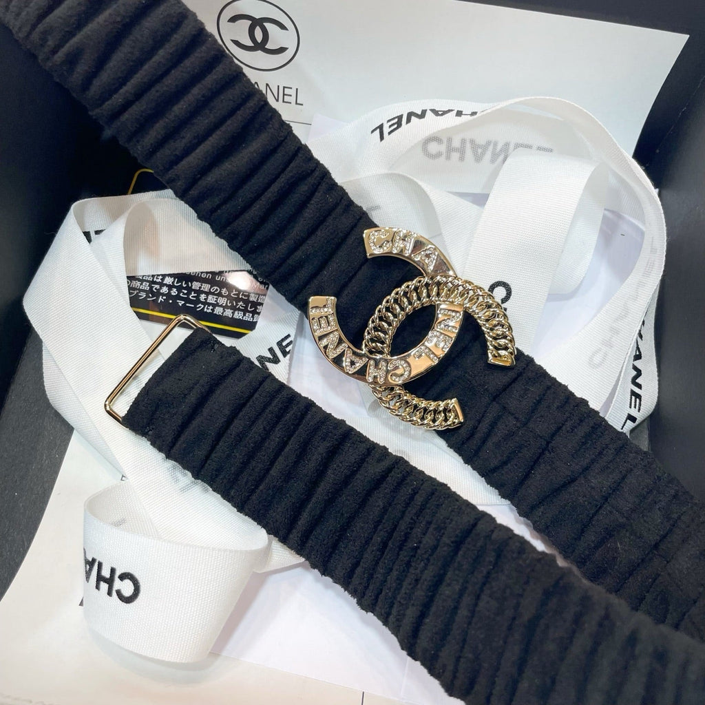 CHANEL DOUBLE  30MM STRETCH BELT IN BLACK SUEDUE WITH GOLD CHAIN BUCKLE CRYSTAL DETAIL