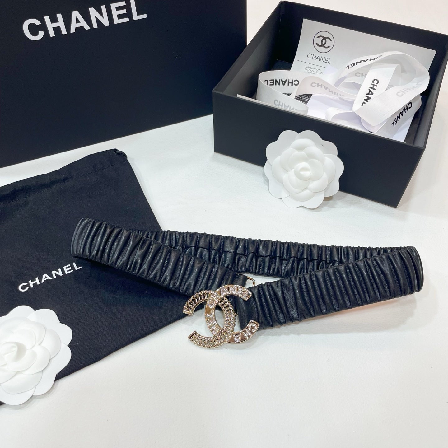 CHANEL DOUBLE  30MM STRETCH BELT IN BLACK CALFSKIN WITH GOLD CHAIN BUCKLE CRYSTAL DETAIL