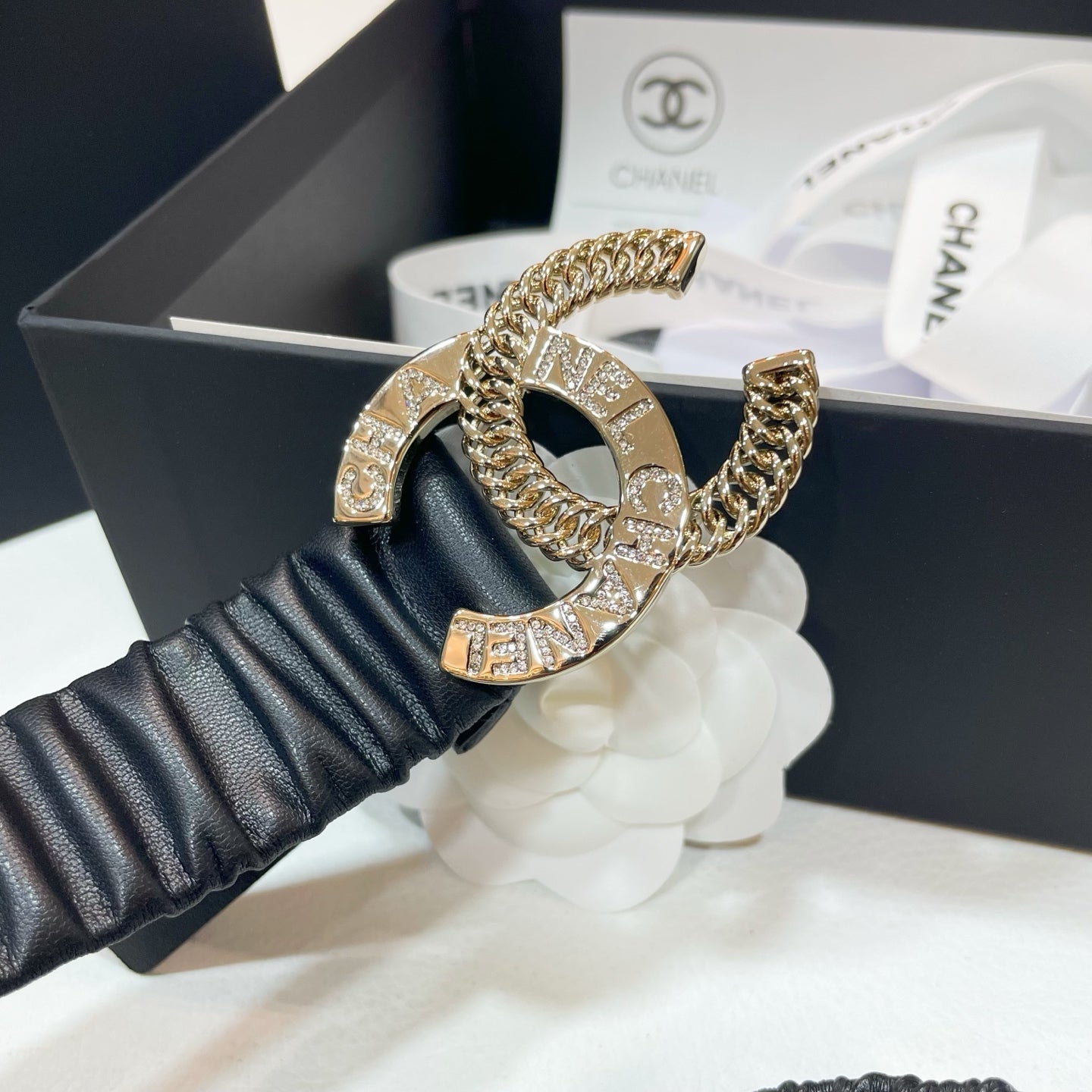 CHANEL DOUBLE  30MM STRETCH BELT IN BLACK CALFSKIN WITH GOLD CHAIN BUCKLE CRYSTAL DETAIL