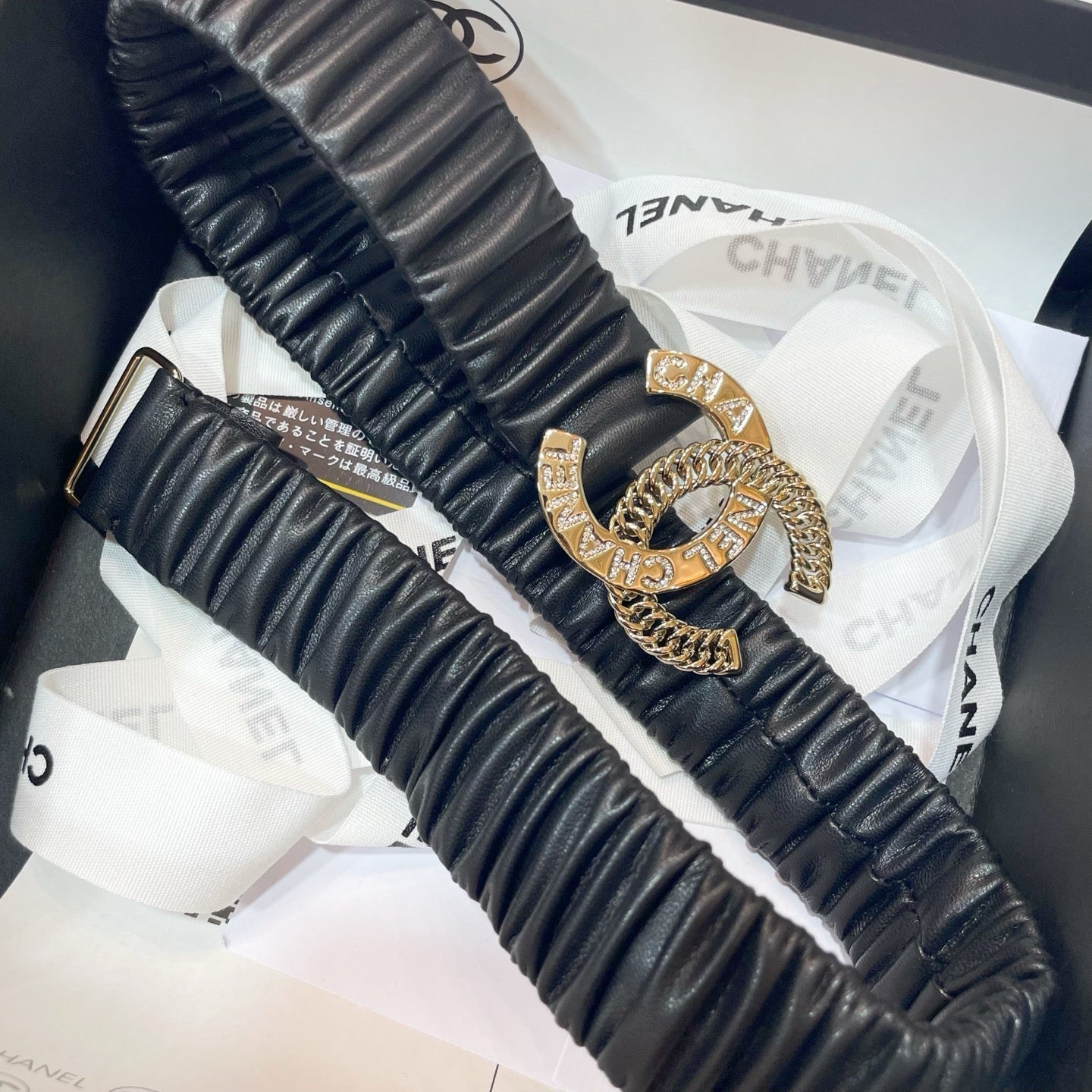 CHANEL DOUBLE  30MM STRETCH BELT IN BLACK CALFSKIN WITH GOLD CHAIN BUCKLE CRYSTAL DETAIL