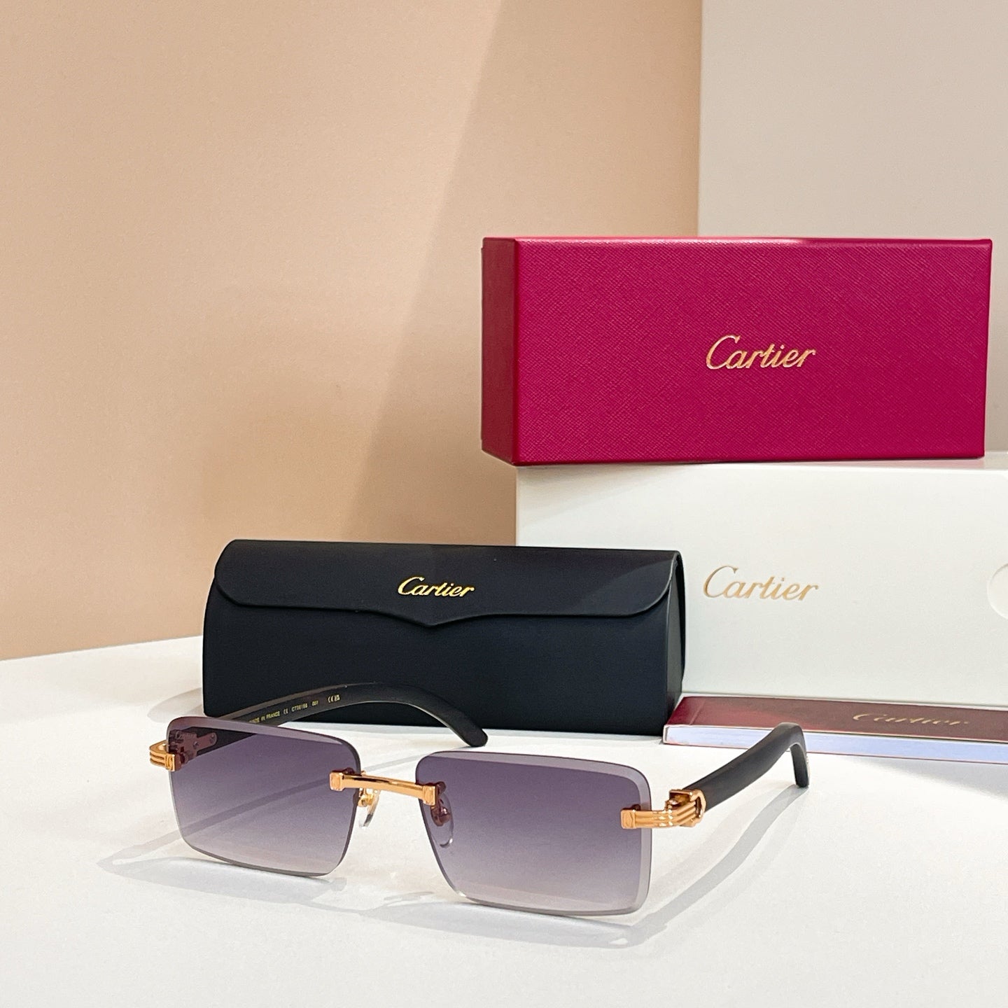 CARTIER RIMLESS RECTANGULAR FRAME SUNGLASSES CT0619S IN METAL AND WOODEN