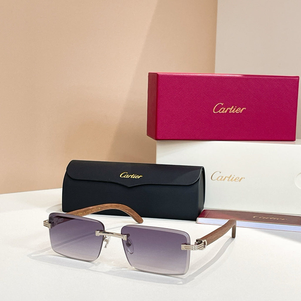 CARTIER RIMLESS RECTANGULAR FRAME SUNGLASSES CT0619S IN METAL AND WOODEN