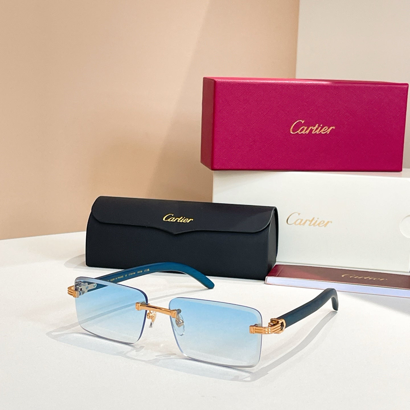 CARTIER RIMLESS RECTANGULAR FRAME SUNGLASSES CT0619S IN METAL AND WOODEN