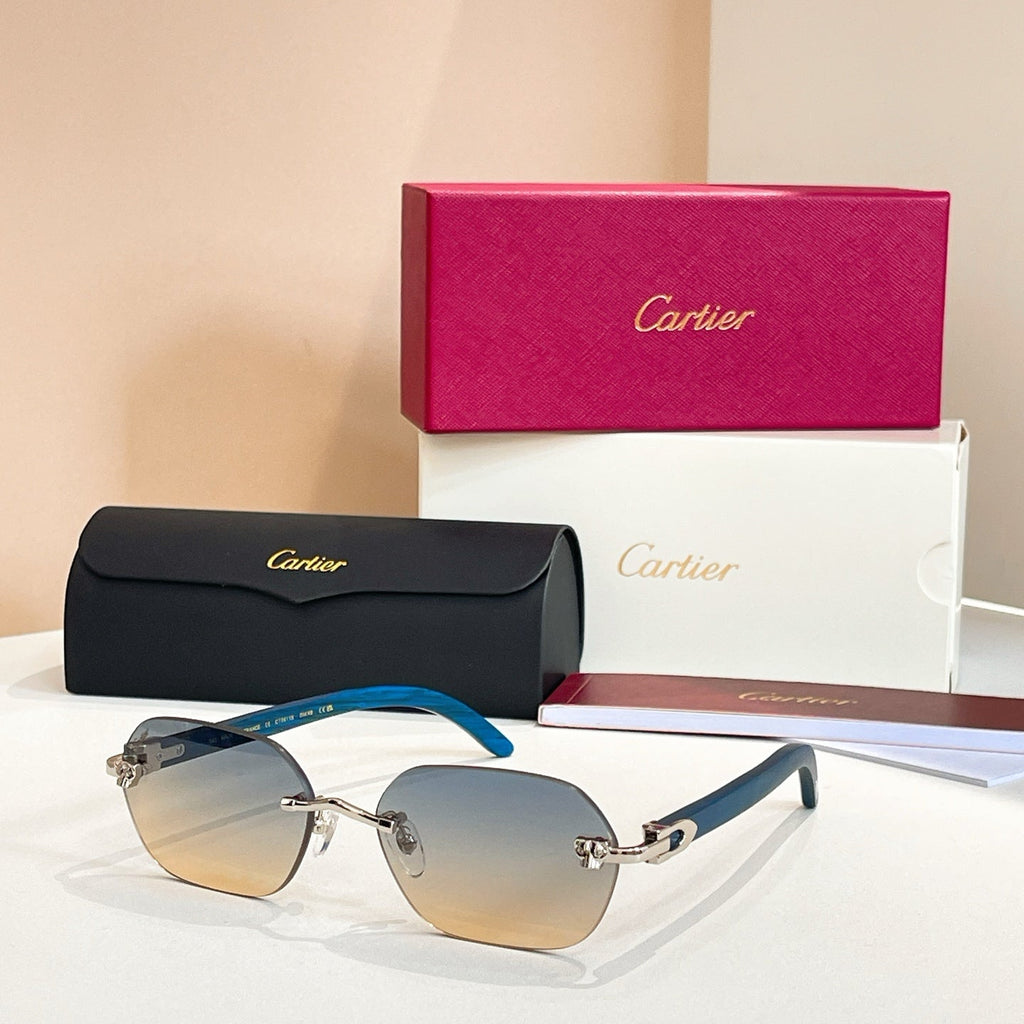 CARTIER RIMLESS GEOMETRIC FRAME SUNGLASSES 579510 IN METAL AND WOODEN