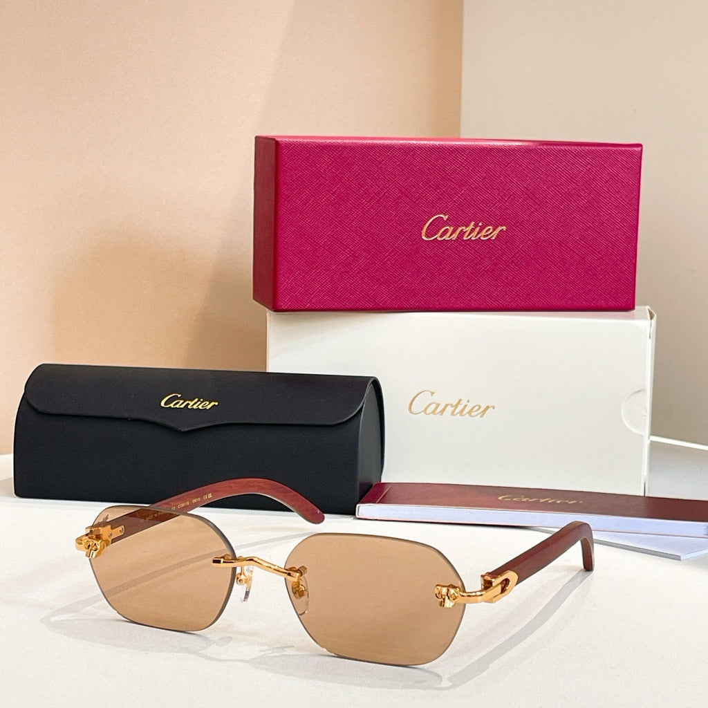CARTIER RIMLESS GEOMETRIC FRAME SUNGLASSES 579510 IN METAL AND WOODEN