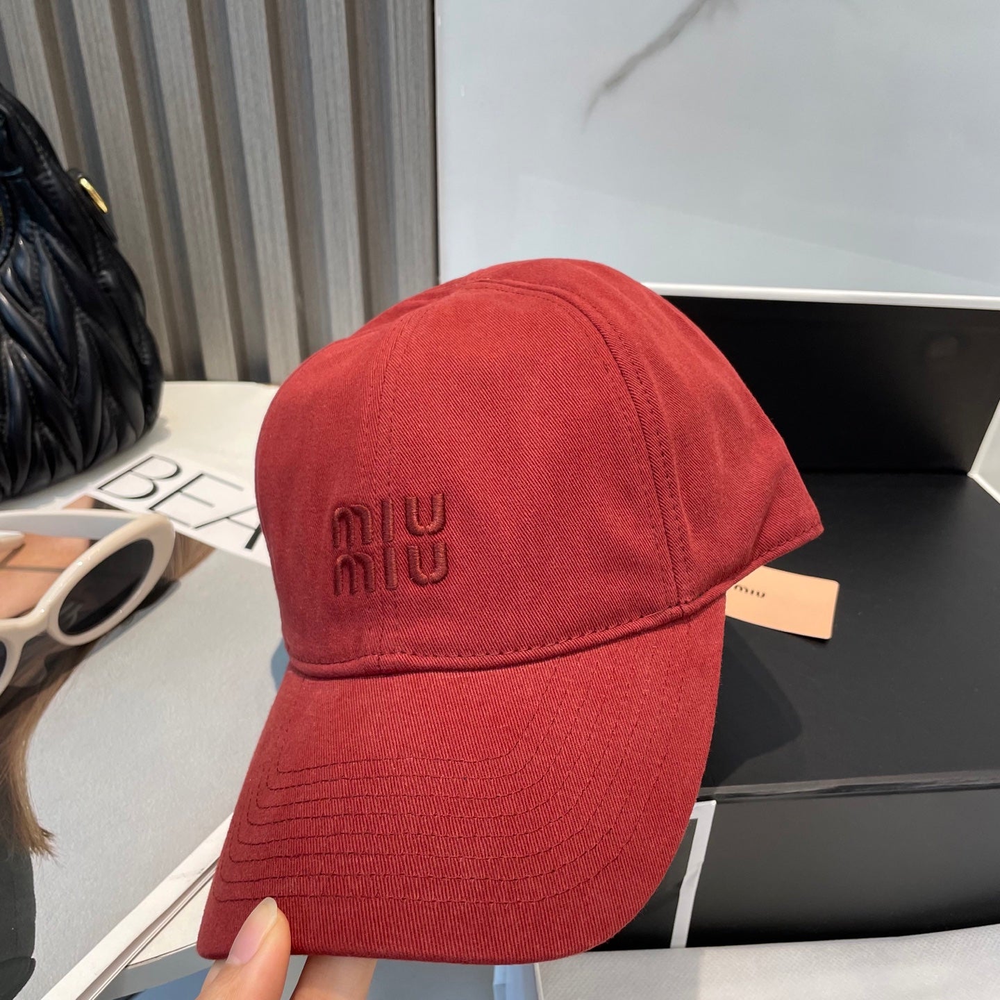 MIU MIU MM BASEBALL CAP IN RED FABRIC BRAND EMBROIDERY