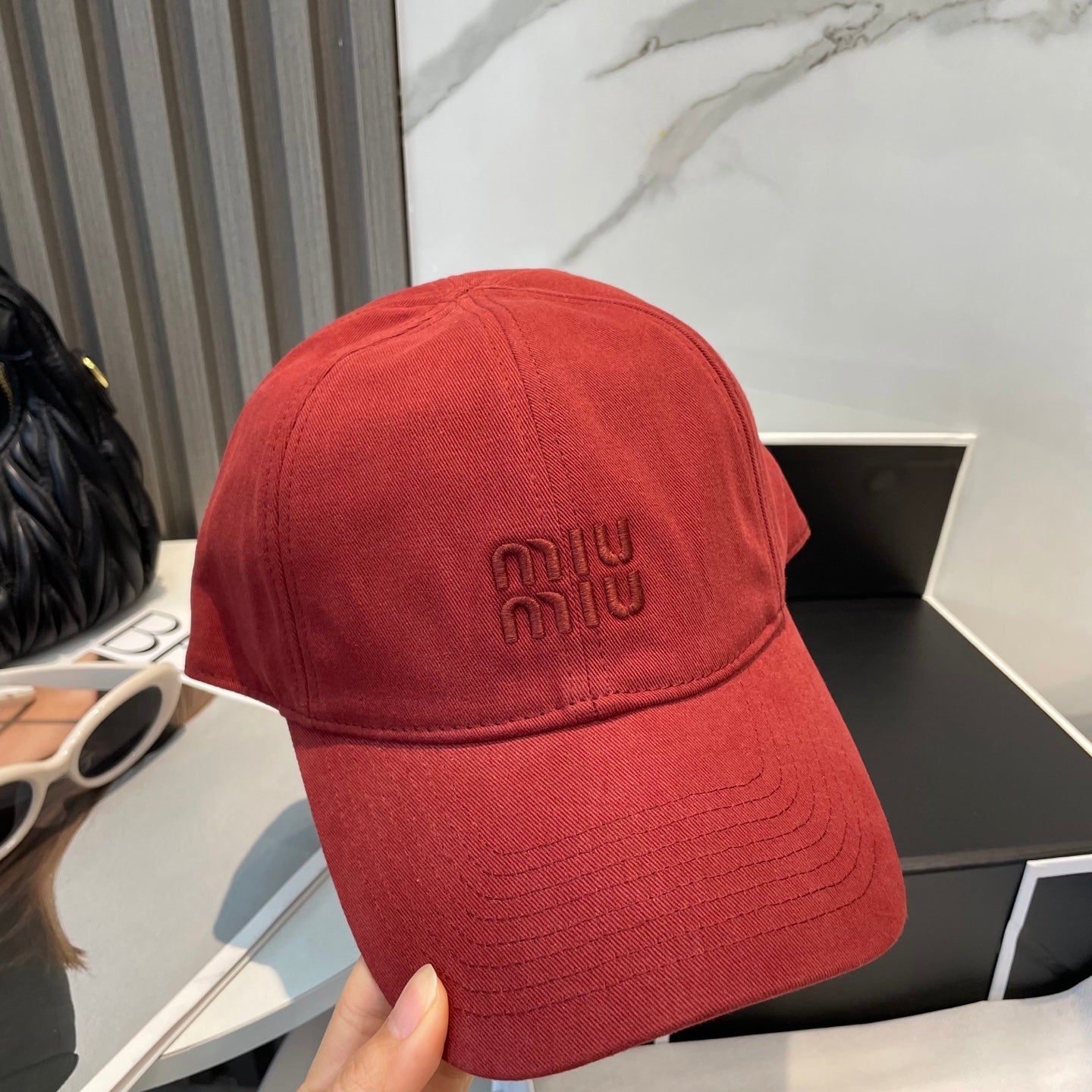 MIU MIU MM BASEBALL CAP IN RED FABRIC BRAND EMBROIDERY