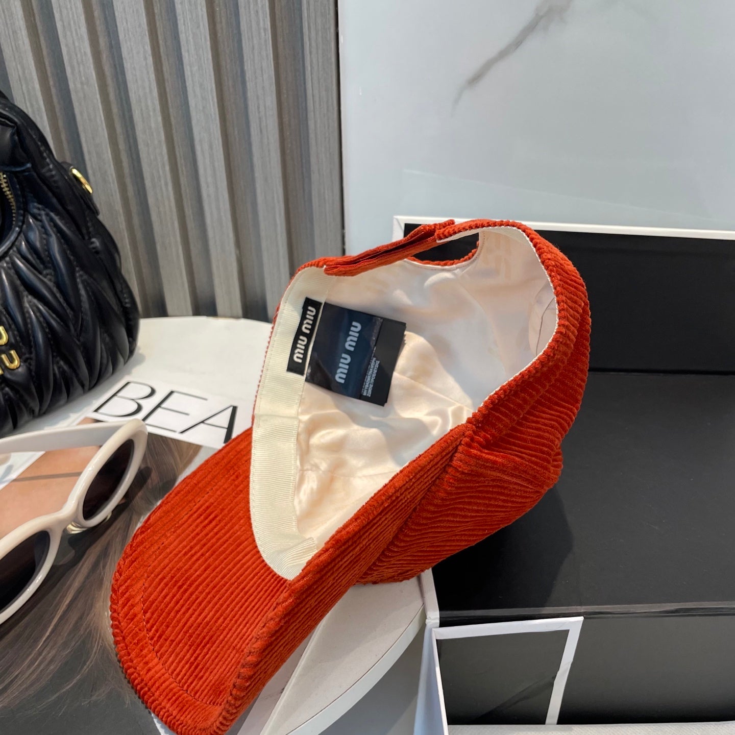 MIU MIU MM BASEBALL CAP IN ORANGE VELVET