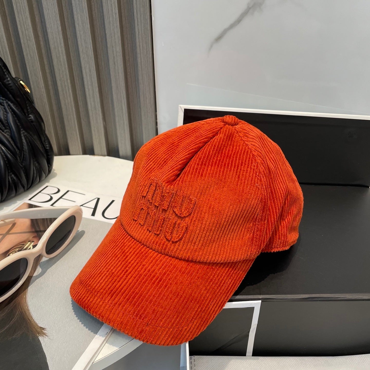 MIU MIU MM BASEBALL CAP IN ORANGE VELVET