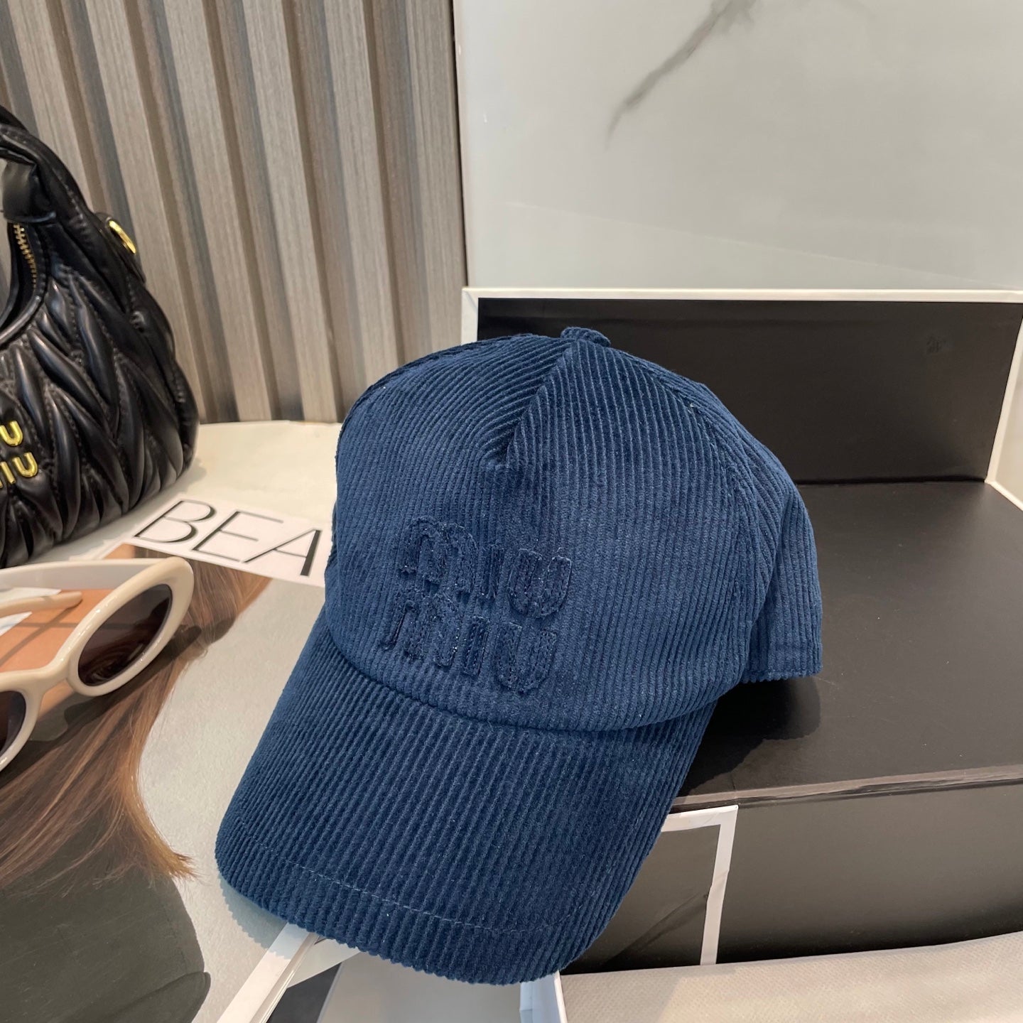 MIU MIU MM BASEBALL CAP IN NAVY BLUE VELVET