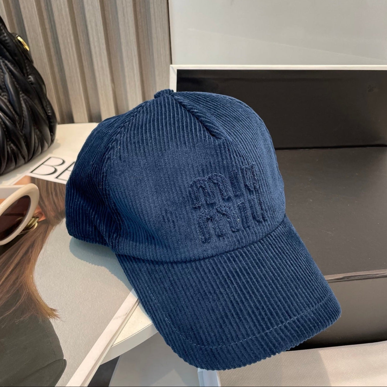 MIU MIU MM BASEBALL CAP IN NAVY BLUE VELVET