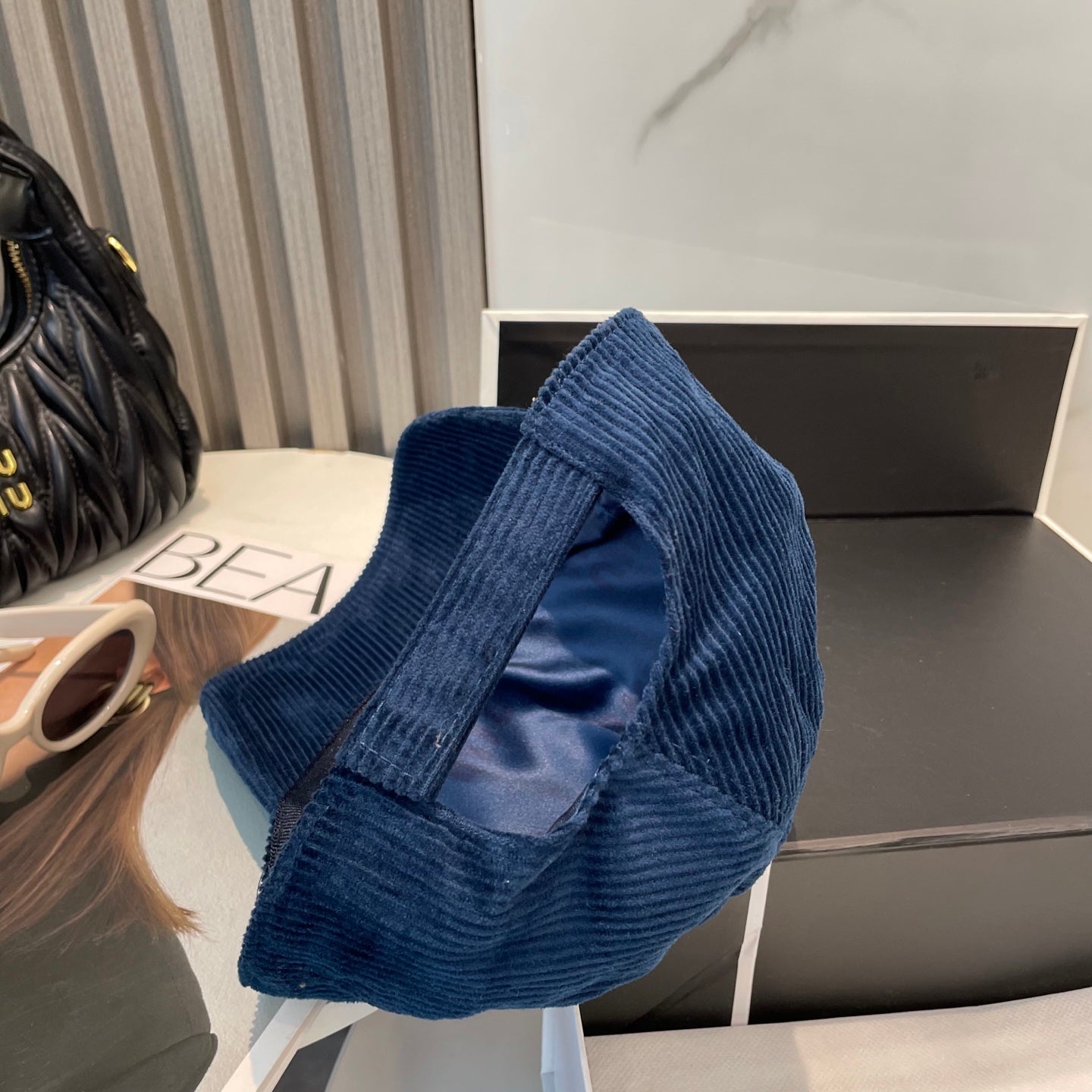 MIU MIU MM BASEBALL CAP IN NAVY BLUE VELVET
