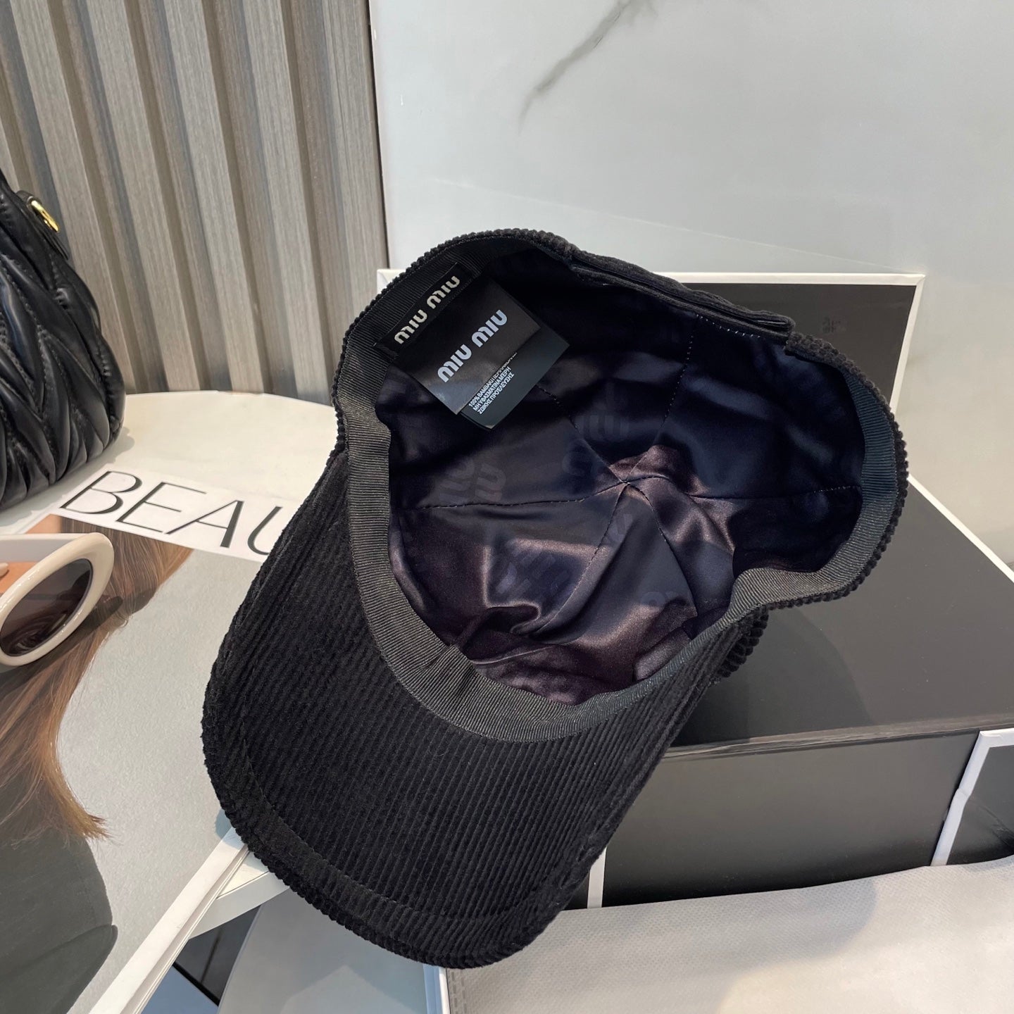 MIU MIU MM BASEBALL CAP IN BLACK VELVET