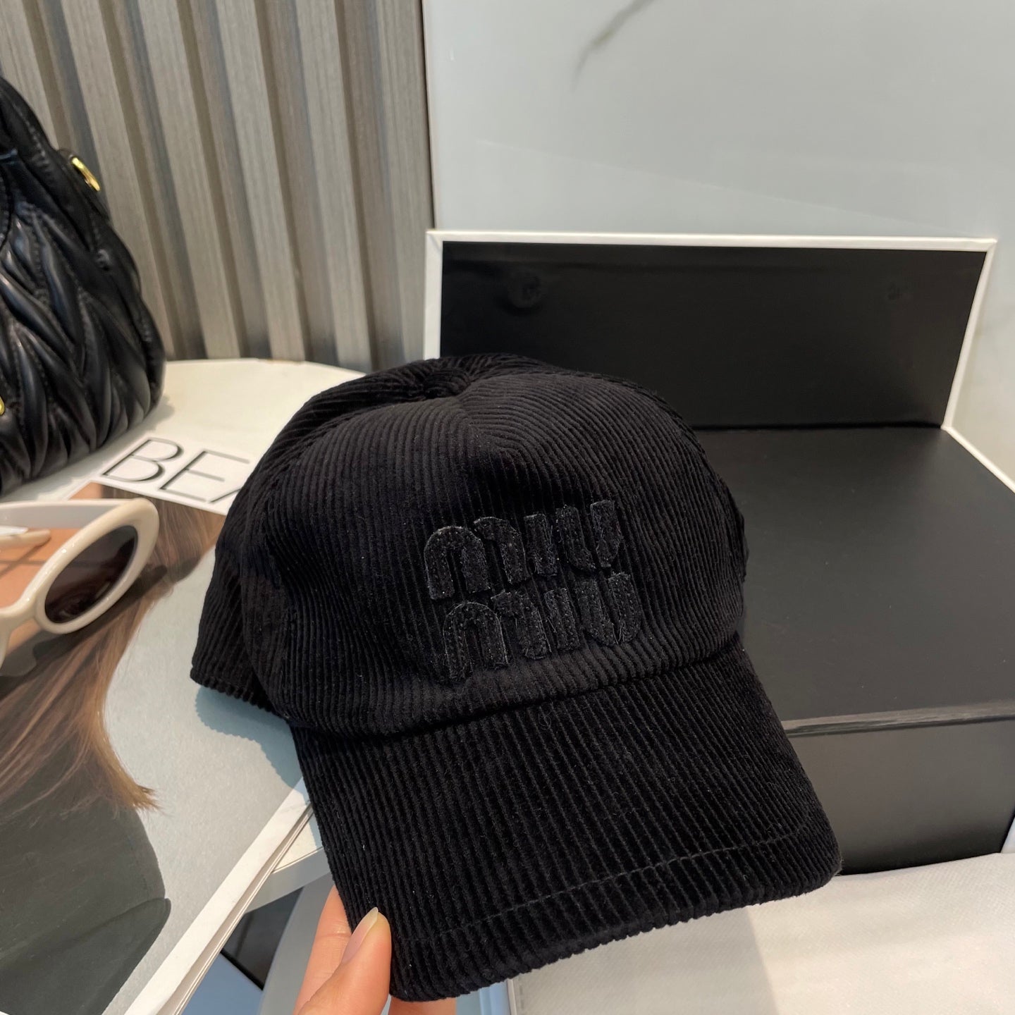 MIU MIU MM BASEBALL CAP IN BLACK VELVET