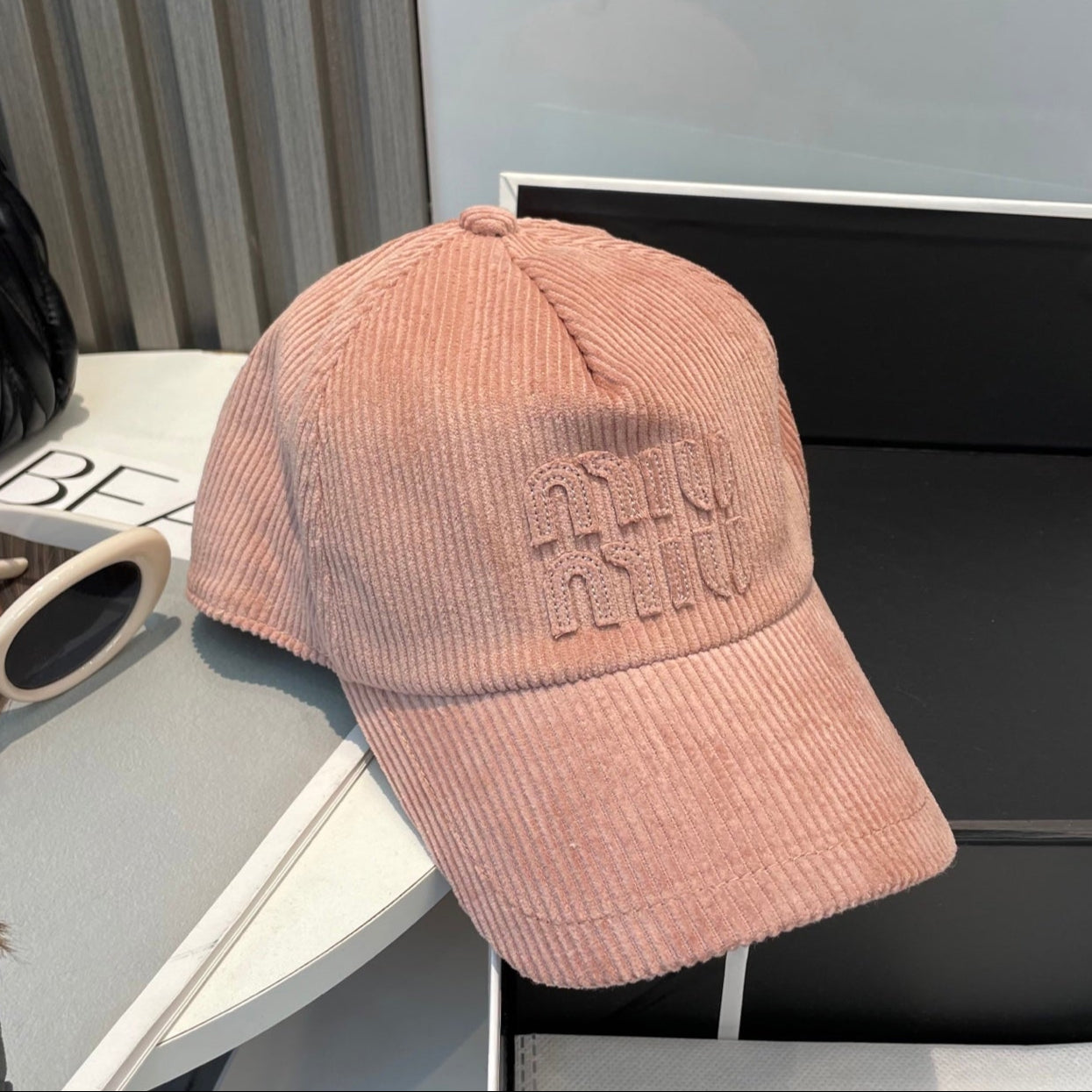 MIU MIU MM BASEBALL CAP IN PEACHY PINK VELVET