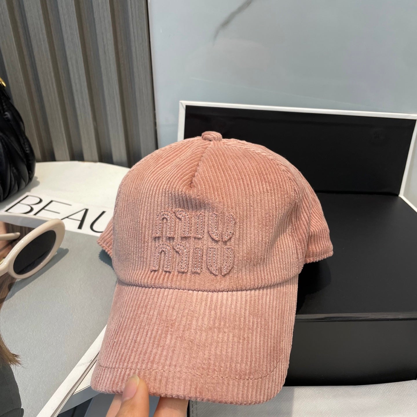 MIU MIU MM BASEBALL CAP IN PEACHY PINK VELVET