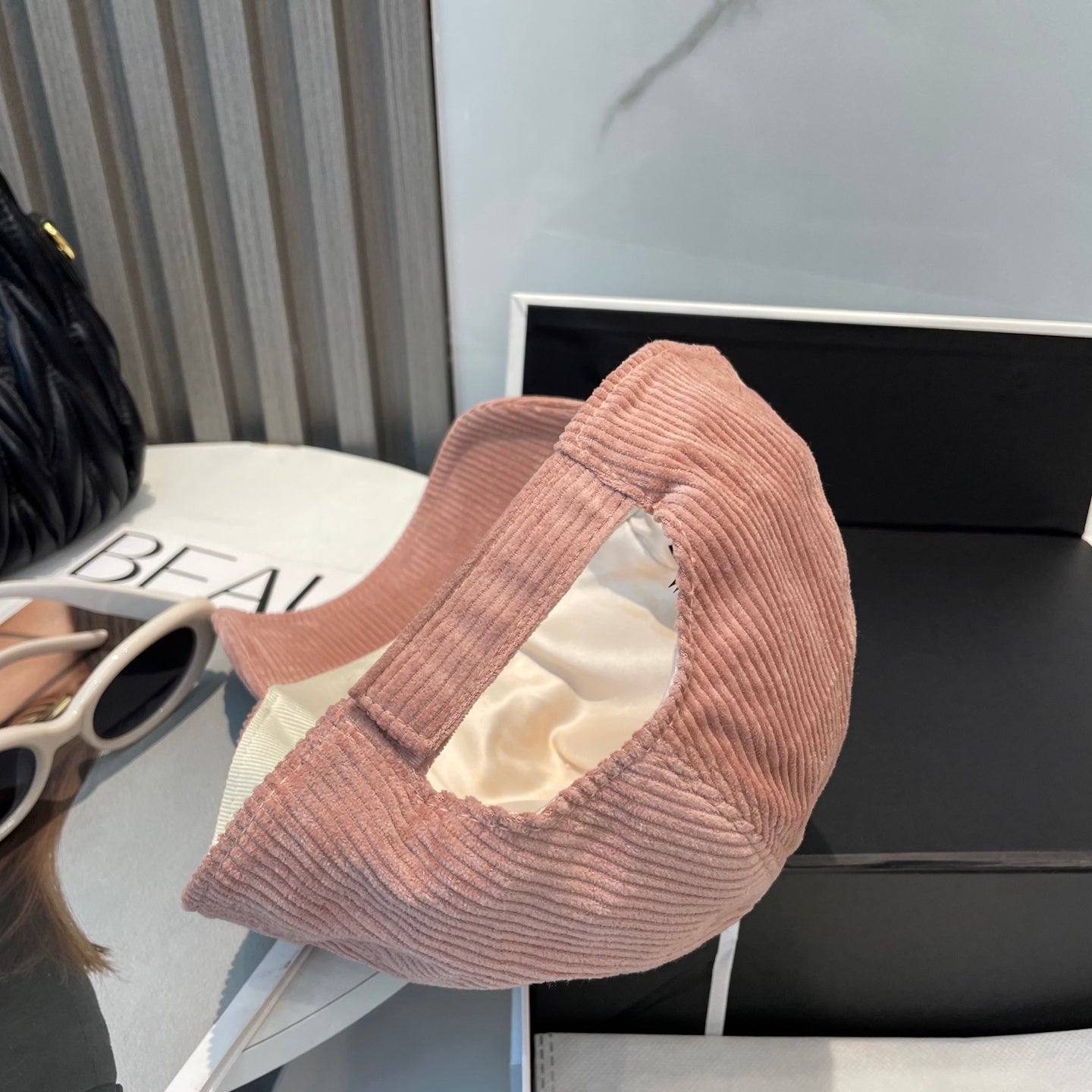 MIU MIU MM BASEBALL CAP IN PEACHY PINK VELVET