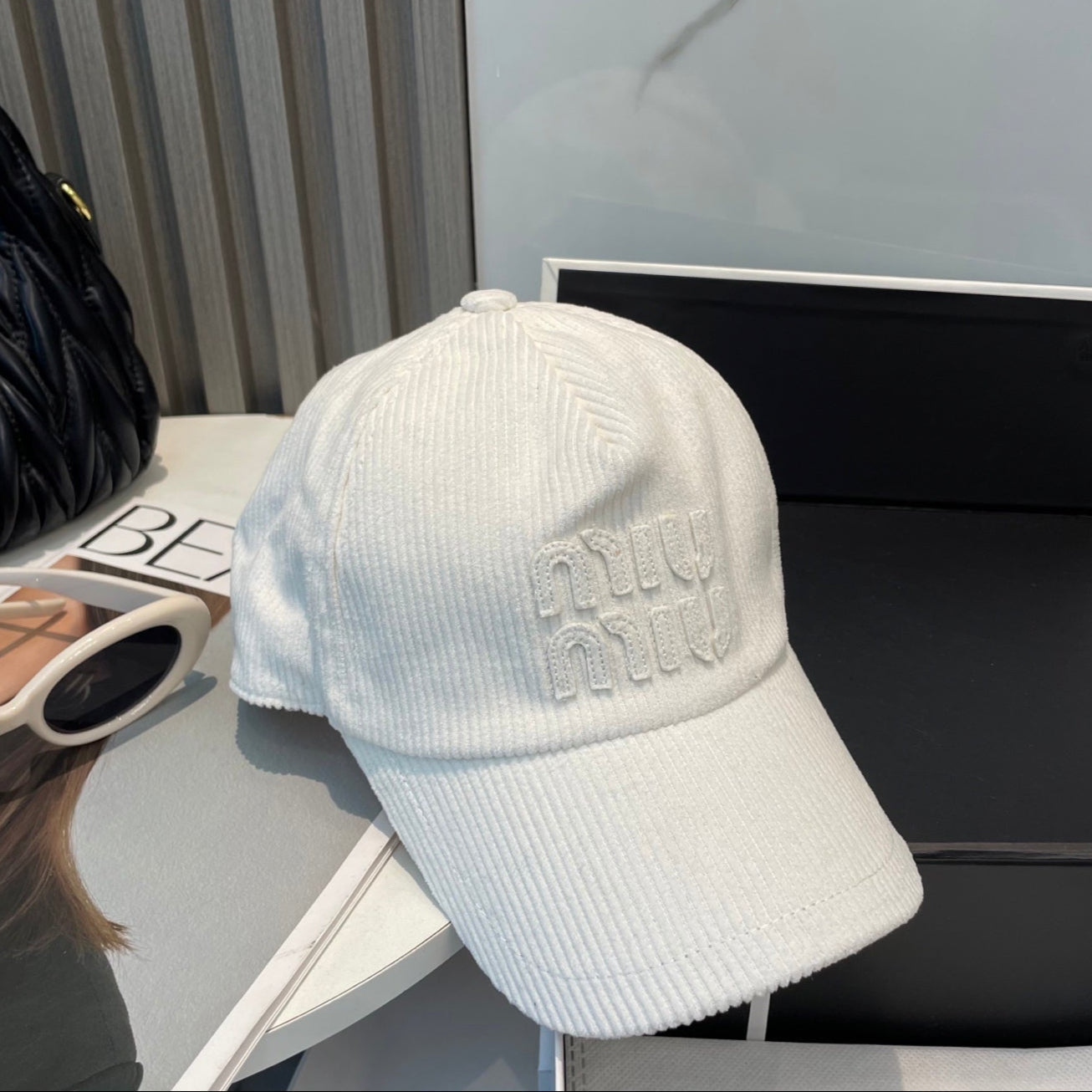 MIU MIU MM BASEBALL CAP IN WHITE VELVET