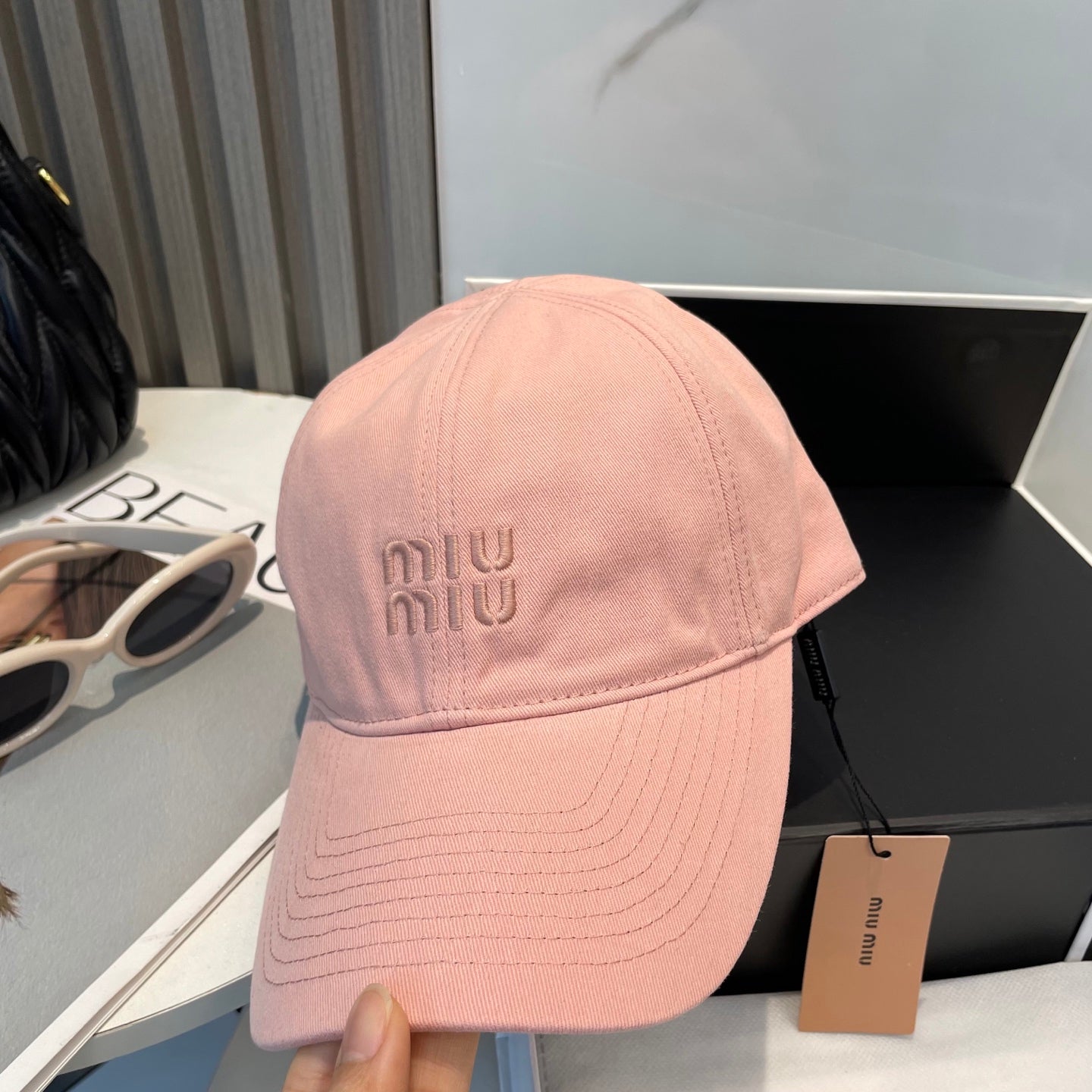 MIU MIU MM BASEBALL CAP IN PEACHY PINK FABRIC BRAND EMBROIDERY