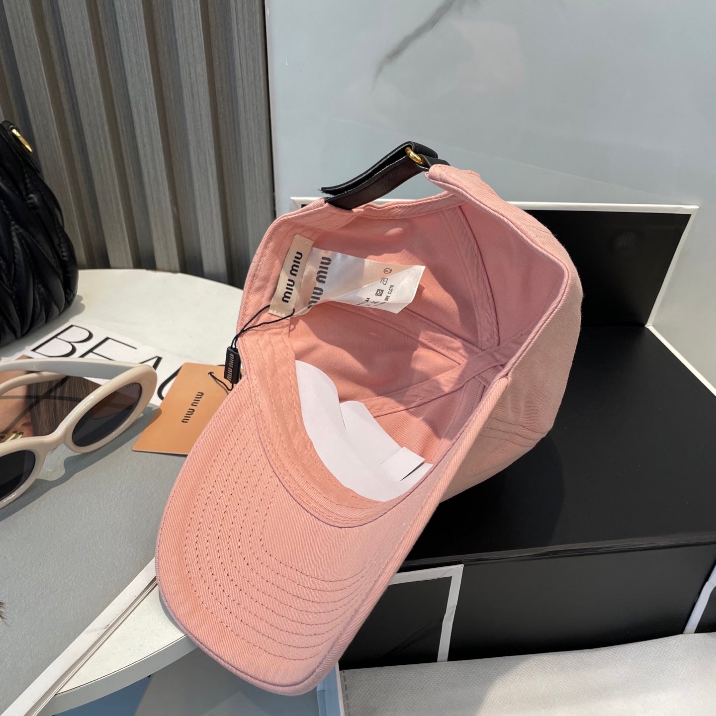 MIU MIU MM BASEBALL CAP IN PEACHY PINK FABRIC BRAND EMBROIDERY