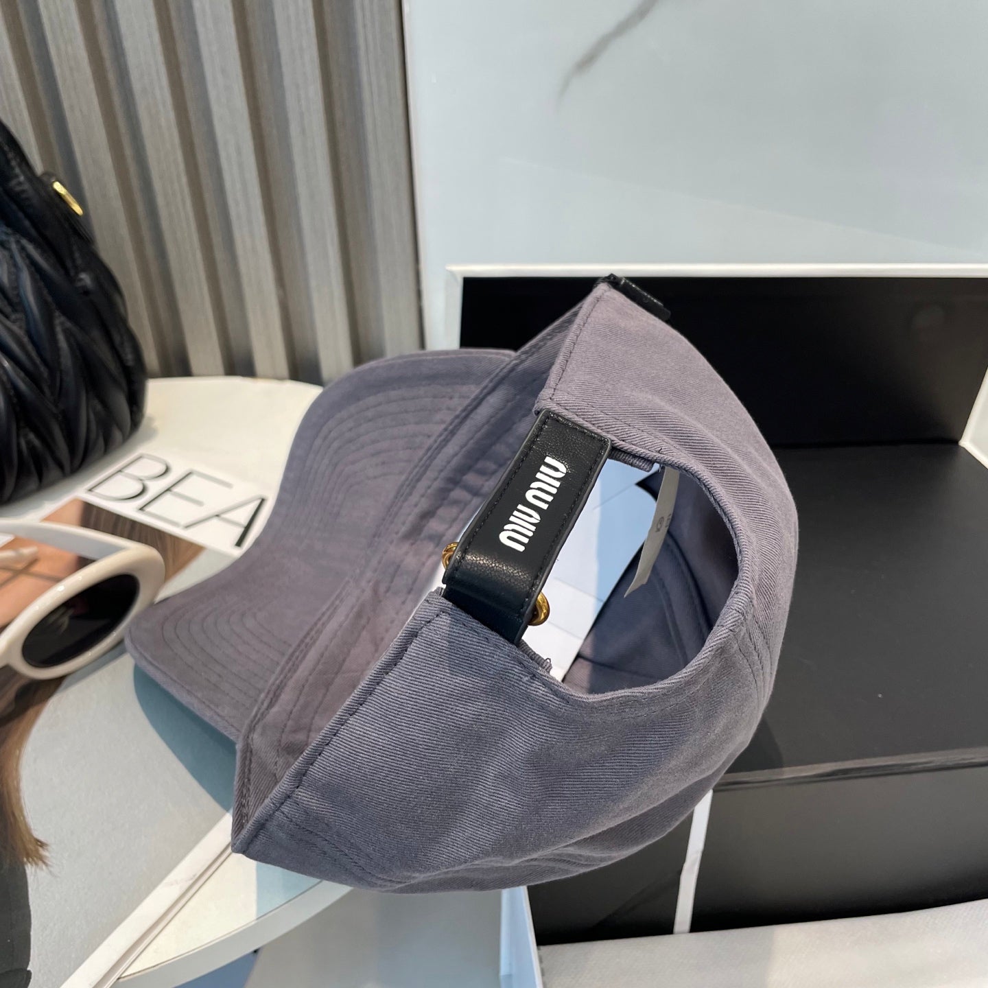 MIU MIU MM BASEBALL CAP IN GREY ORANGE FABRIC BRAND EMBROIDERY