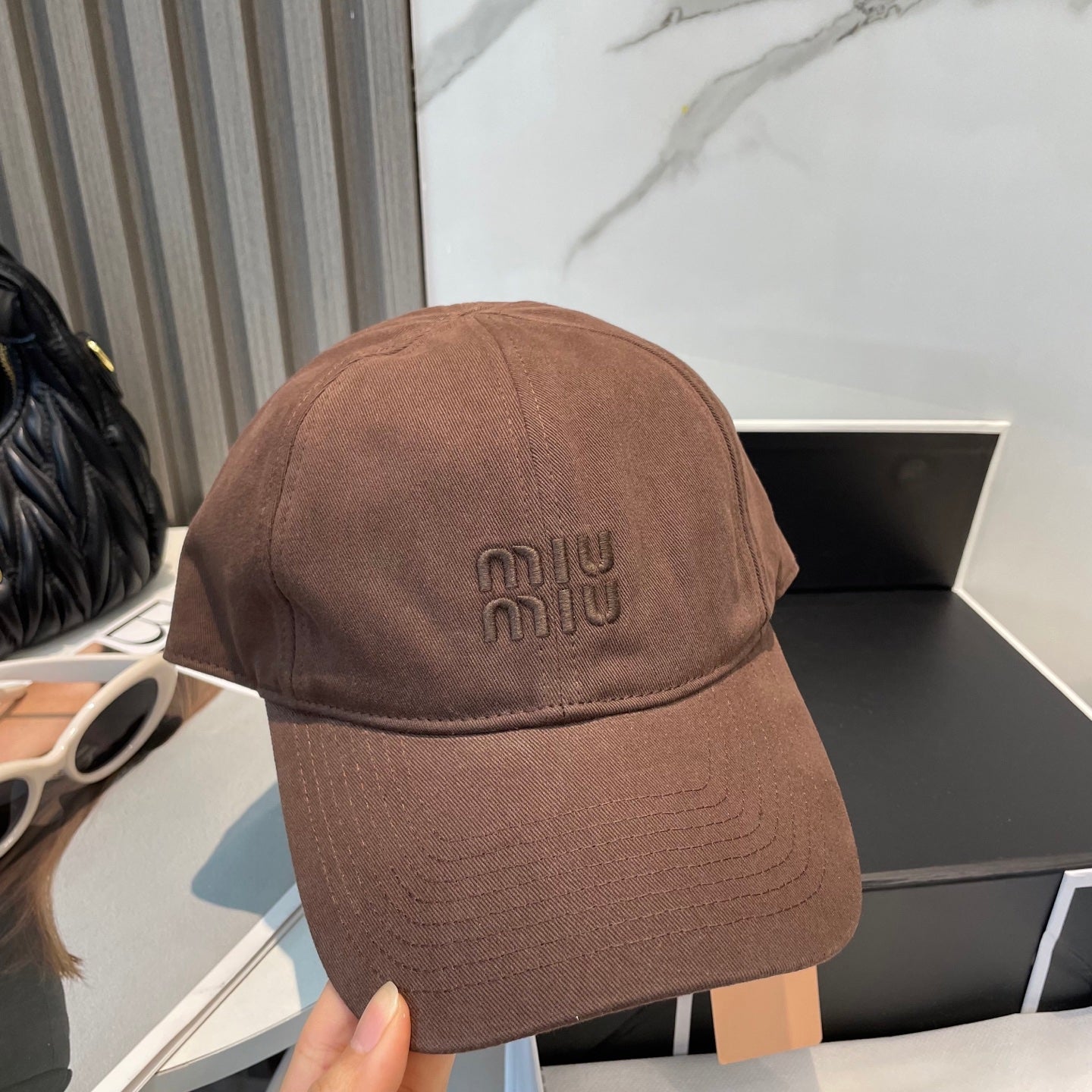 MIU MIU MM BASEBALL CAP IN BROWN ORANGE FABRIC BRAND EMBROIDERY