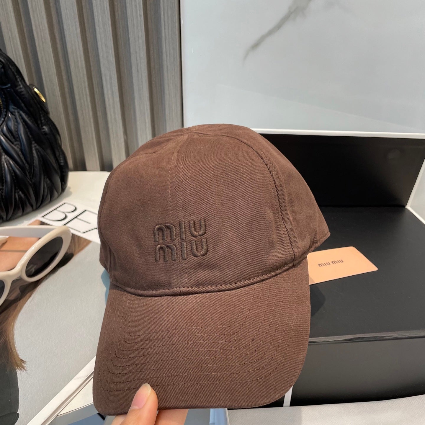 MIU MIU MM BASEBALL CAP IN BROWN ORANGE FABRIC BRAND EMBROIDERY