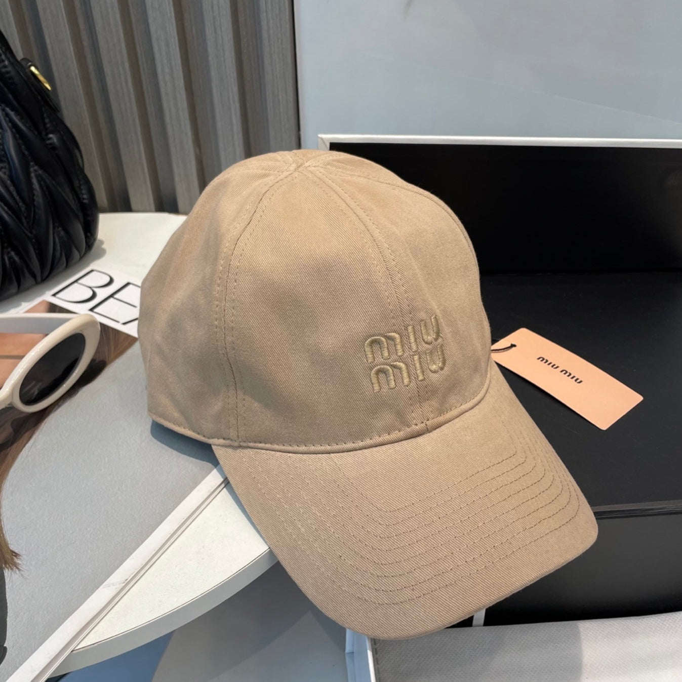 MIU MIU MM BASEBALL CAP IN BEIGE FABRIC BRAND EMBROIDERY