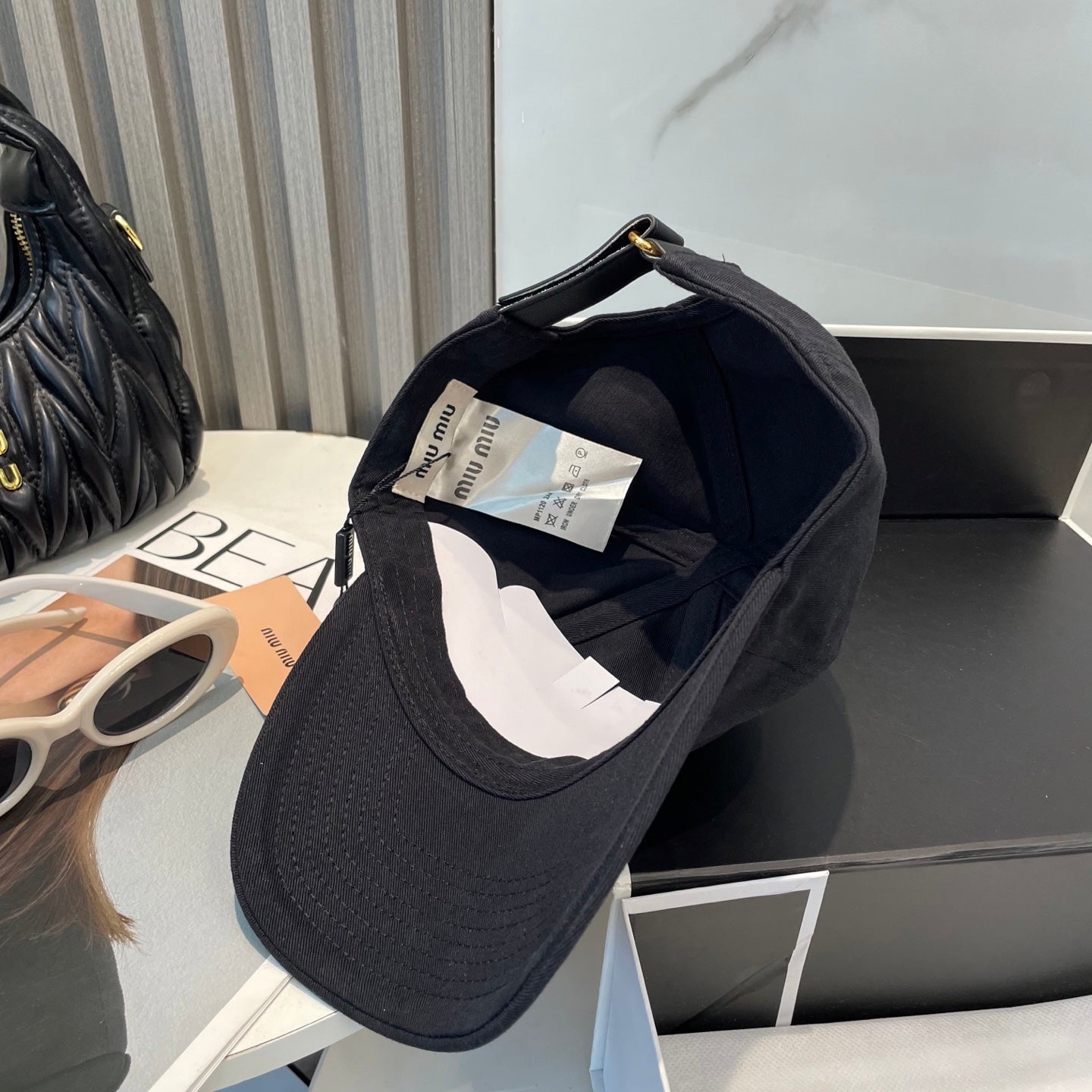 MIU MIU MM BASEBALL CAP IN BLACK FABRIC BRAND EMBROIDERY