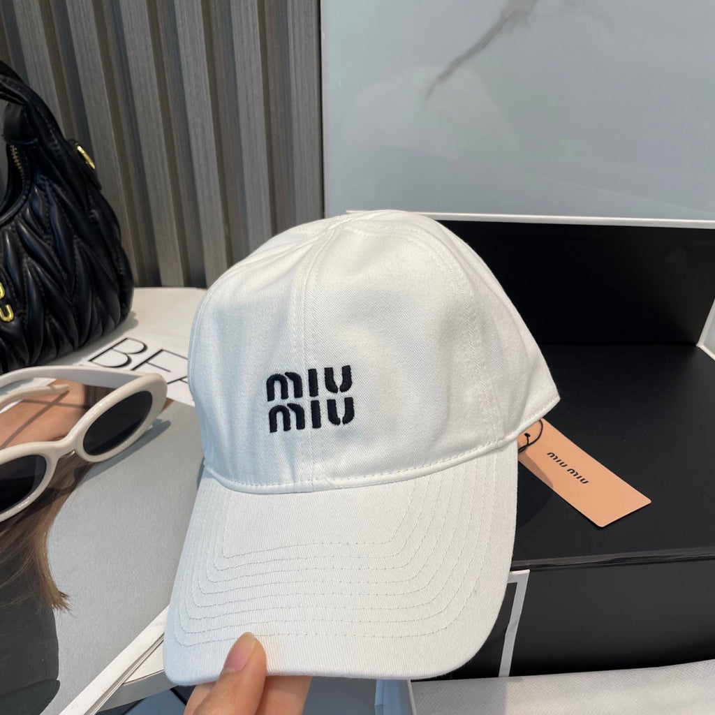 MIU MIU MM BASEBALL CAP IN WHITE FABRIC BRAND EMBROIDERY