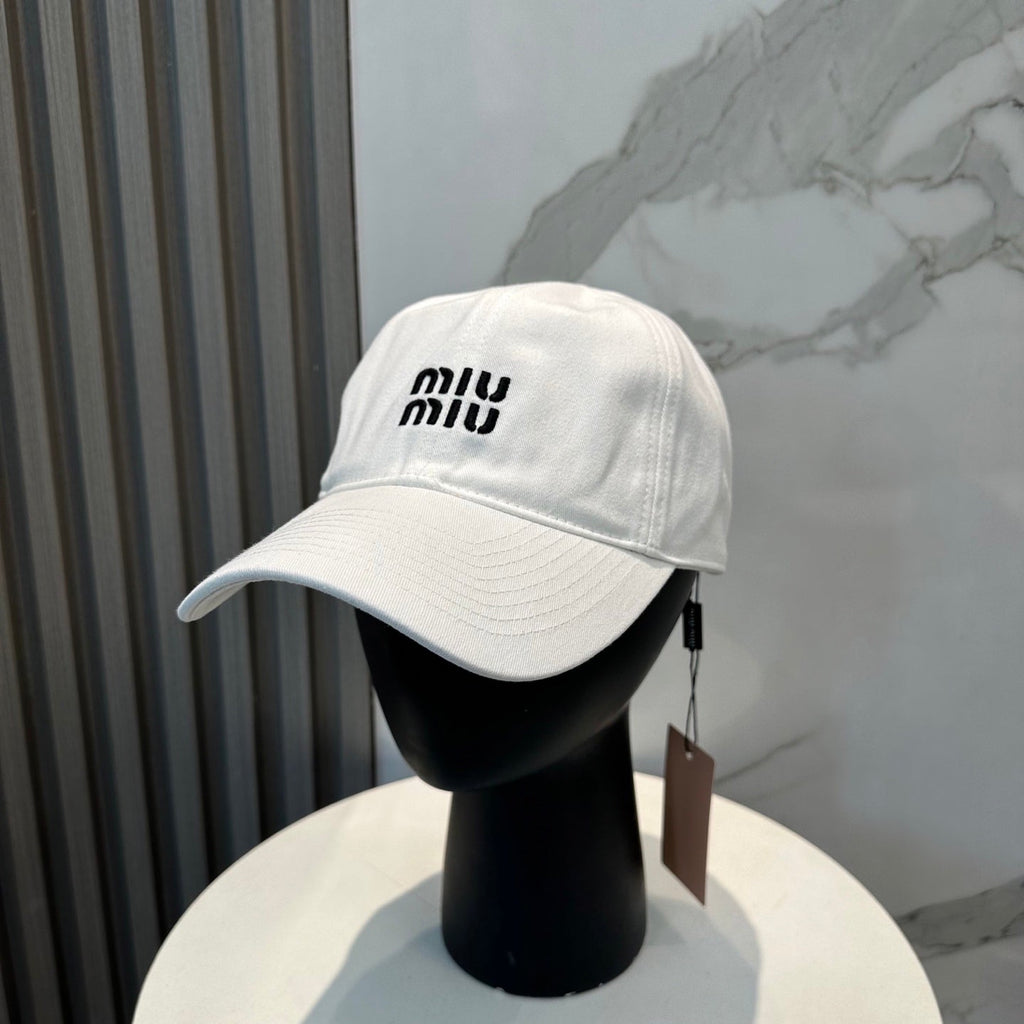 MIU MIU MM BASEBALL CAP IN WHITE FABRIC BRAND EMBROIDERY
