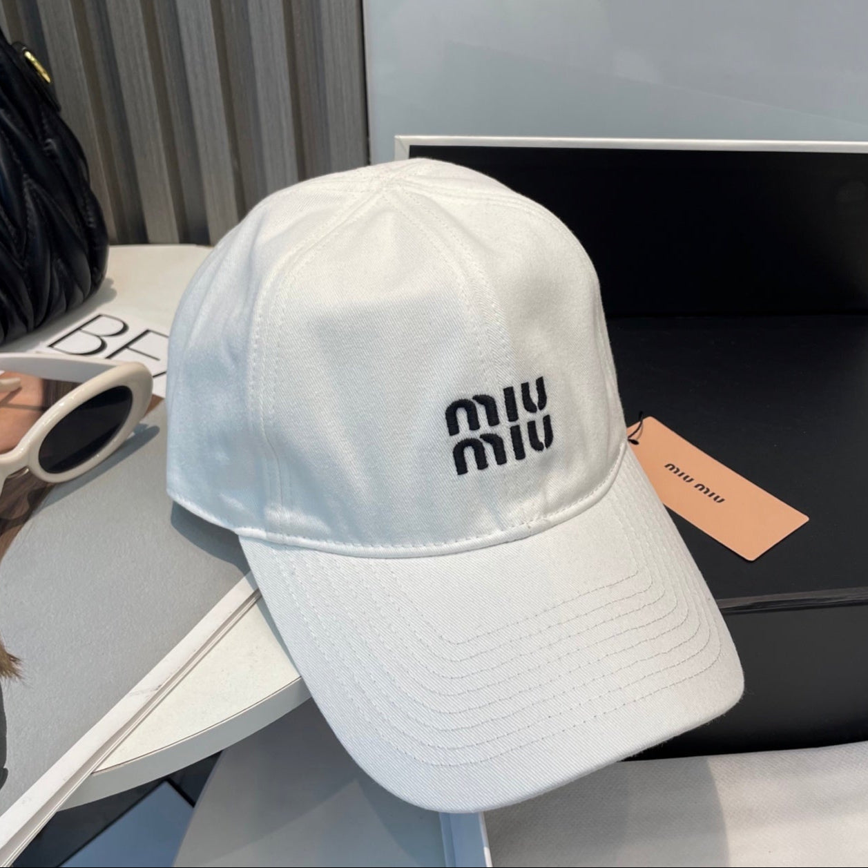 MIU MIU MM BASEBALL CAP IN WHITE FABRIC BRAND EMBROIDERY