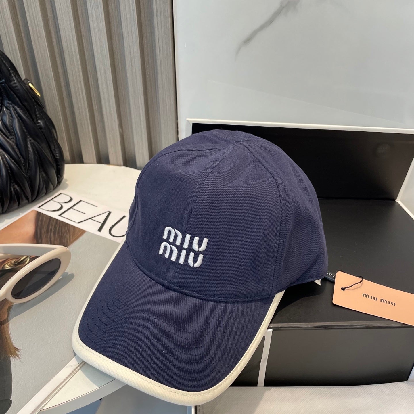 MIU MIU MM BASEBALL CAP IN NAVY BLUE FABRIC STYLE 7