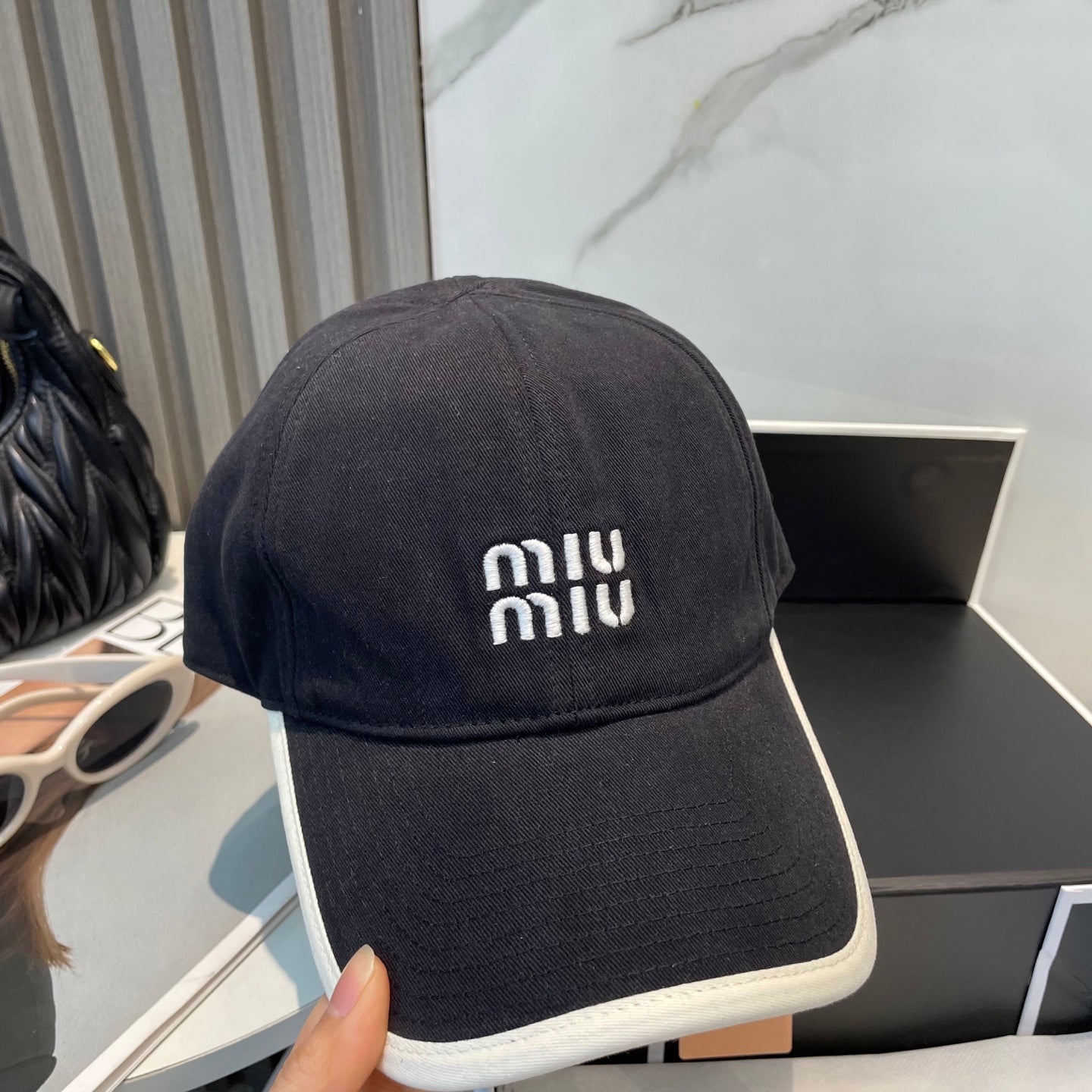 MIU MIU MM BASEBALL CAP IN BLACK AND WHITE FABRIC STYLE 2