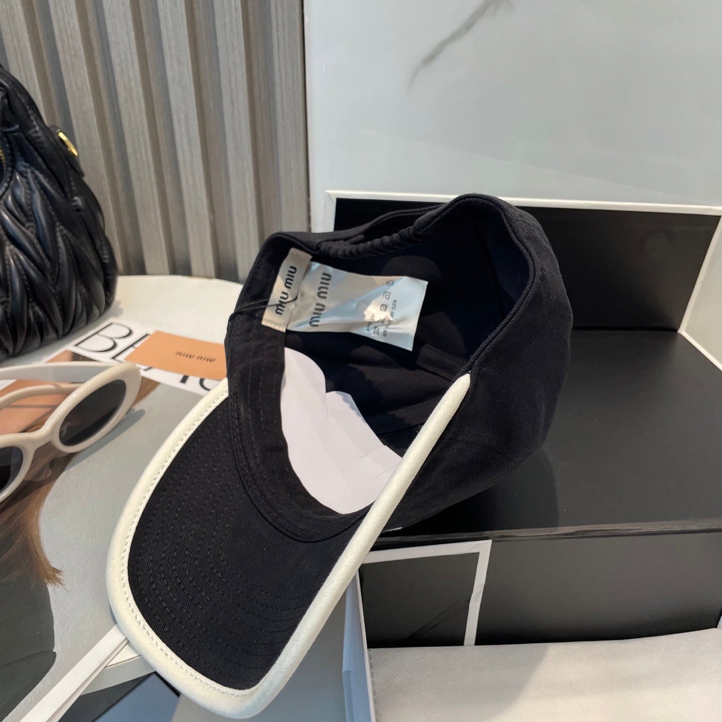MIU MIU MM BASEBALL CAP IN BLACK AND WHITE FABRIC STYLE 2