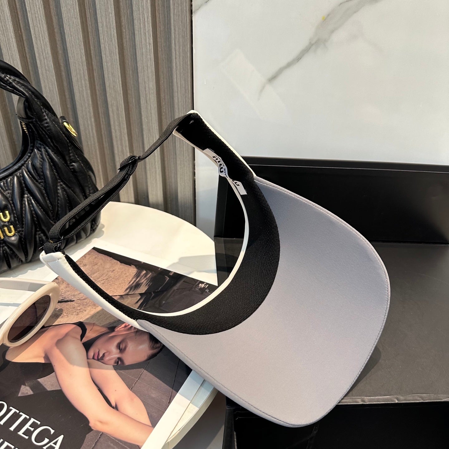 MIU MIU MM SPORT VISOR CAP IN GRAY MIX WHITE FABRIC