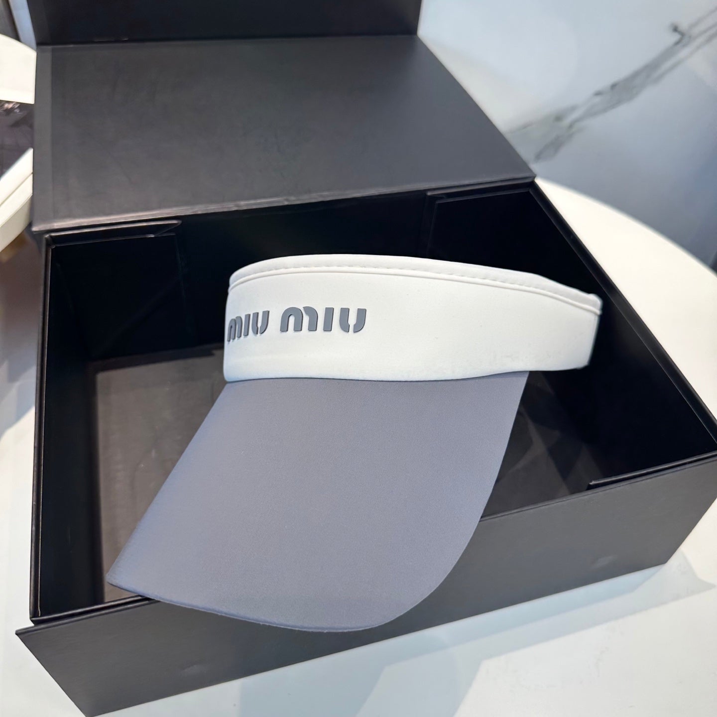 MIU MIU MM SPORT VISOR CAP IN GRAY MIX WHITE FABRIC