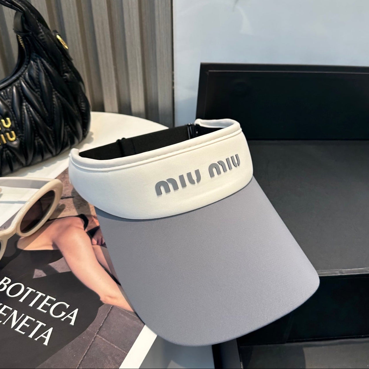 MIU MIU MM SPORT VISOR CAP IN GRAY MIX WHITE FABRIC