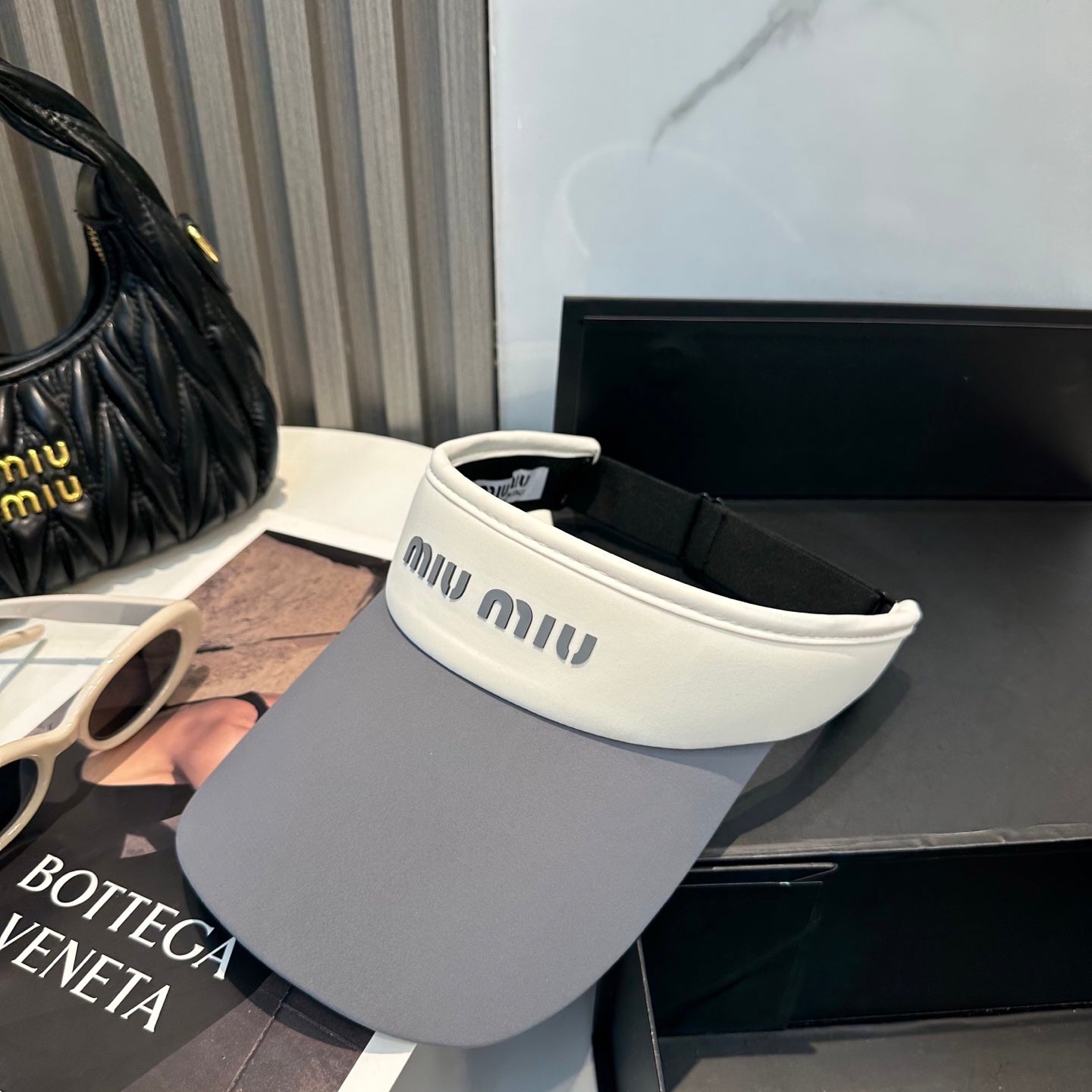 MIU MIU MM SPORT VISOR CAP IN GRAY MIX WHITE FABRIC
