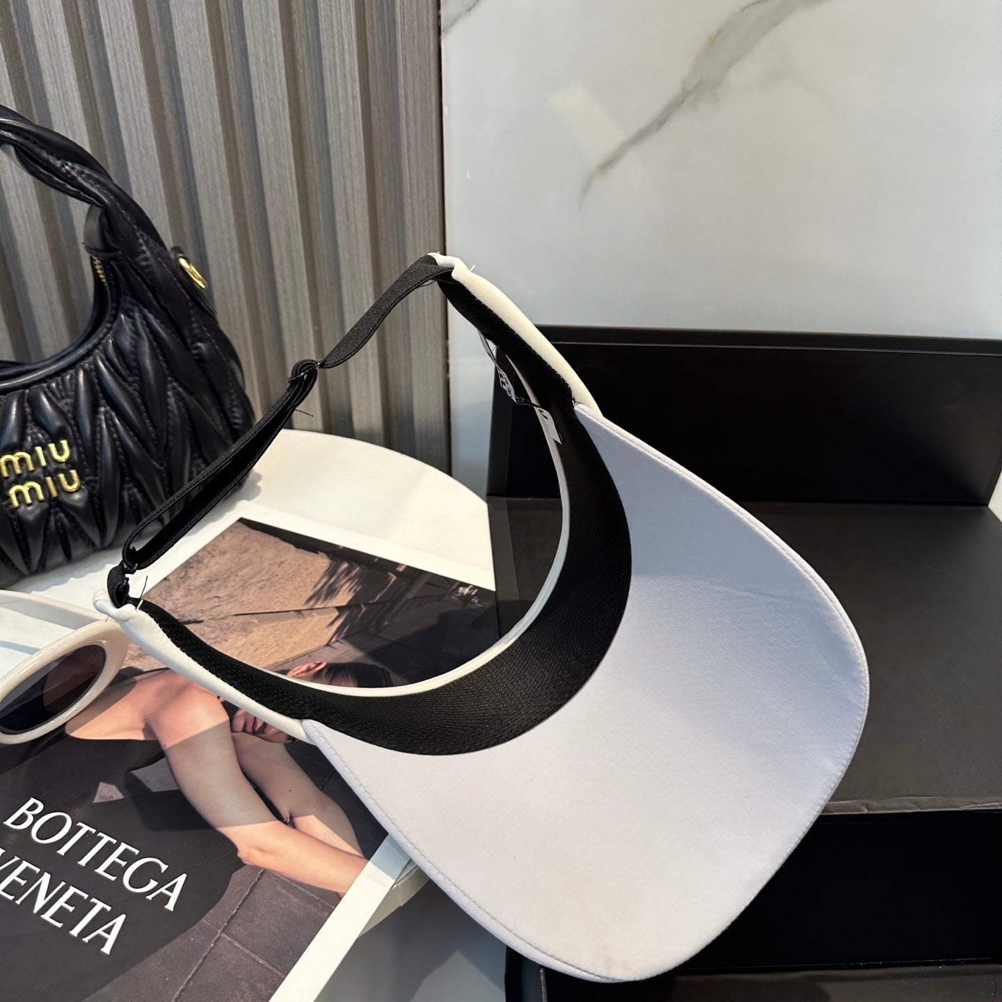 MIU MIU MM SPORT VISOR CAP IN COOL GRAY MIX WHITE FABRIC