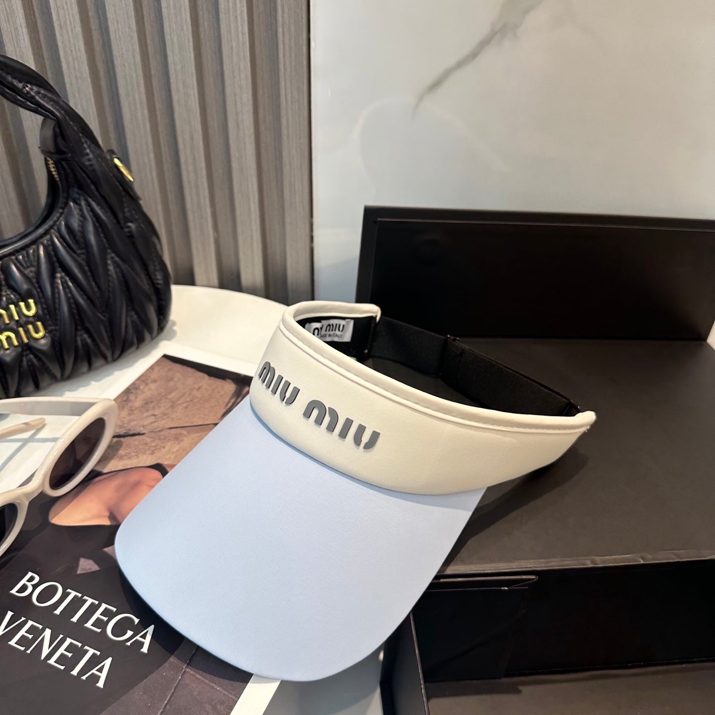 MIU MIU MM SPORT VISOR CAP IN PASTEL BLUE MIX WHITE FABRIC