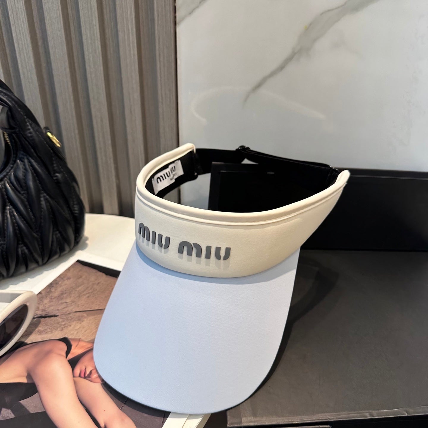 MIU MIU MM SPORT VISOR CAP IN PASTEL BLUE MIX WHITE FABRIC