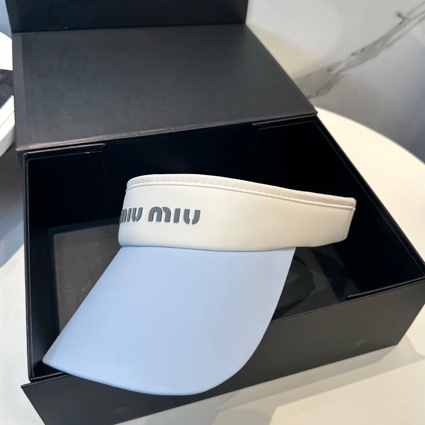 MIU MIU MM SPORT VISOR CAP IN PASTEL BLUE MIX WHITE FABRIC