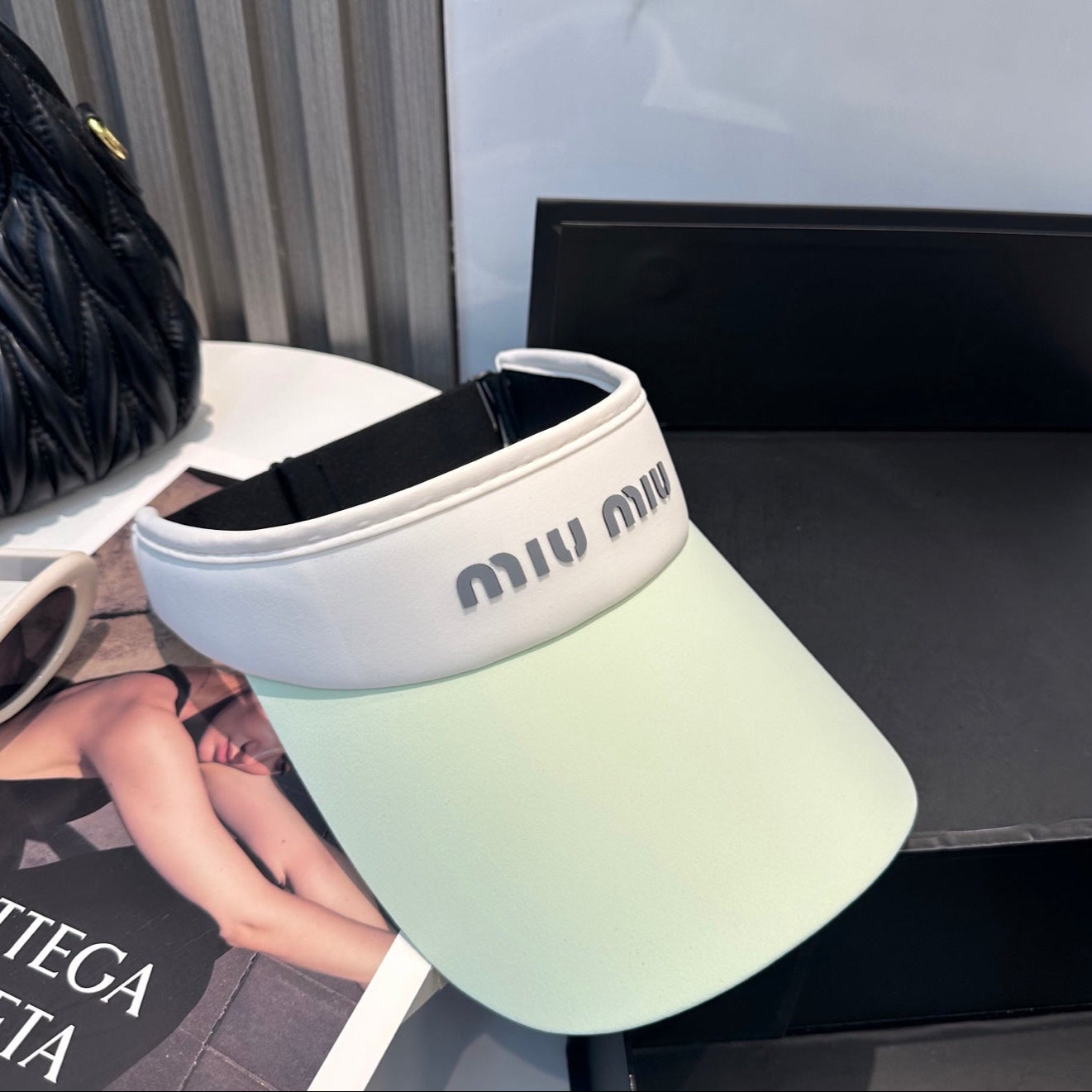 MIU MIU MM SPORT VISOR CAP IN PASTEL GREEN MIX WHITE FABRIC