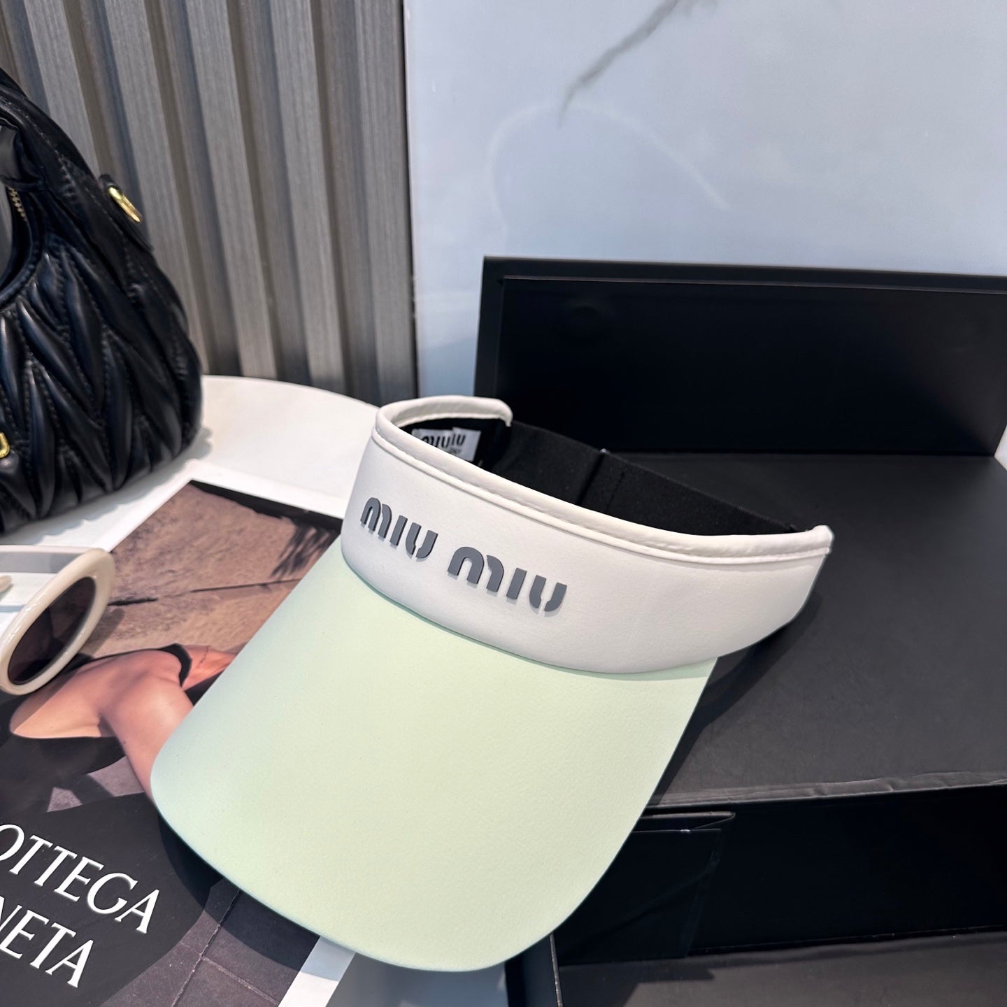 MIU MIU MM SPORT VISOR CAP IN PASTEL GREEN MIX WHITE FABRIC