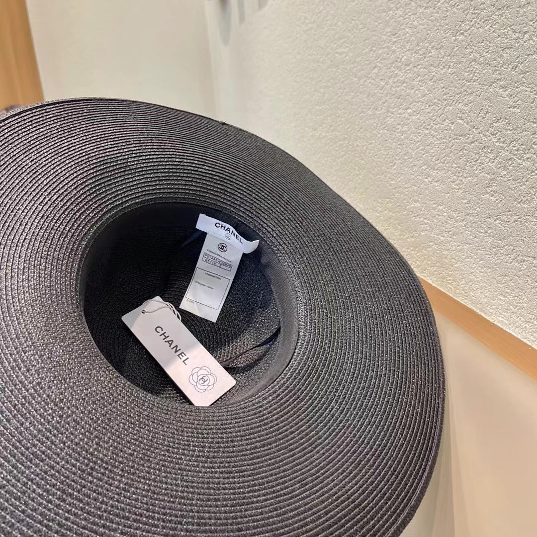 CHANEL WIDE BRIM STRAW HAT BLACK 672709