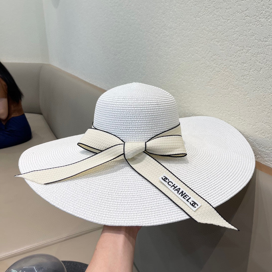 CHANEL WIDE BRIM STRAW HAT WITH BOW WHITE 672704