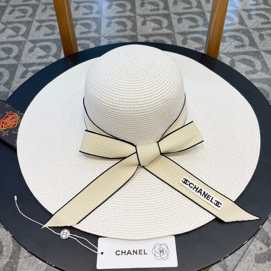 CHANEL WIDE BRIM STRAW HAT WITH BOW WHITE 672704